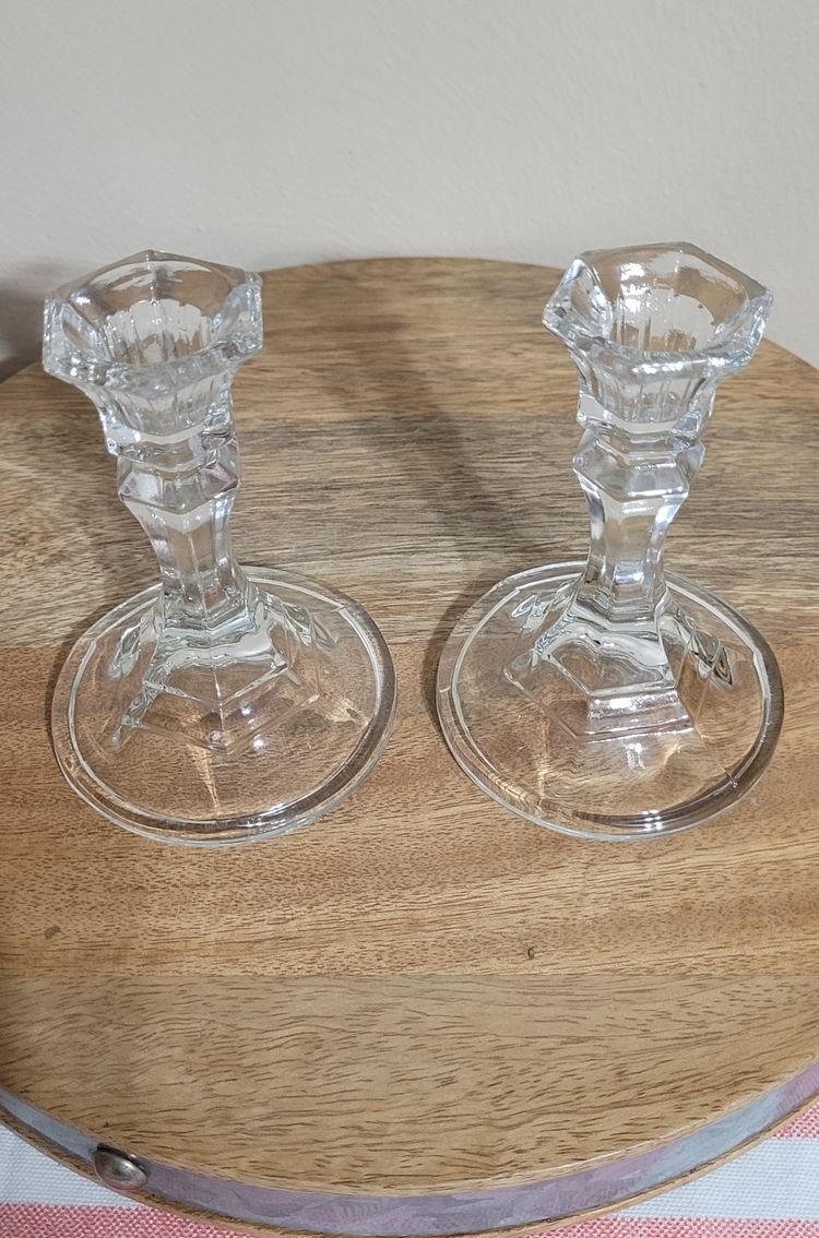 Heavy Clear Glass Candlestick Holders Set Of Two