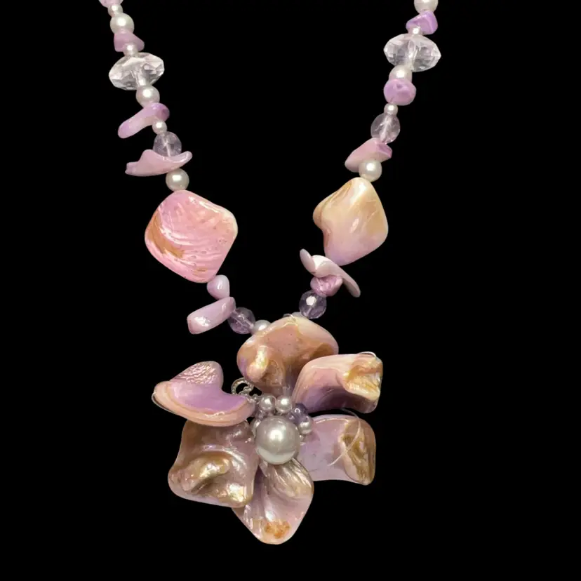 16” Mother Of Pearl Necklace With Large Matching Purple Pendant, Unmarked , MOP, Glass Beads, & Faux Pearls Silver Tone Lobster Hook