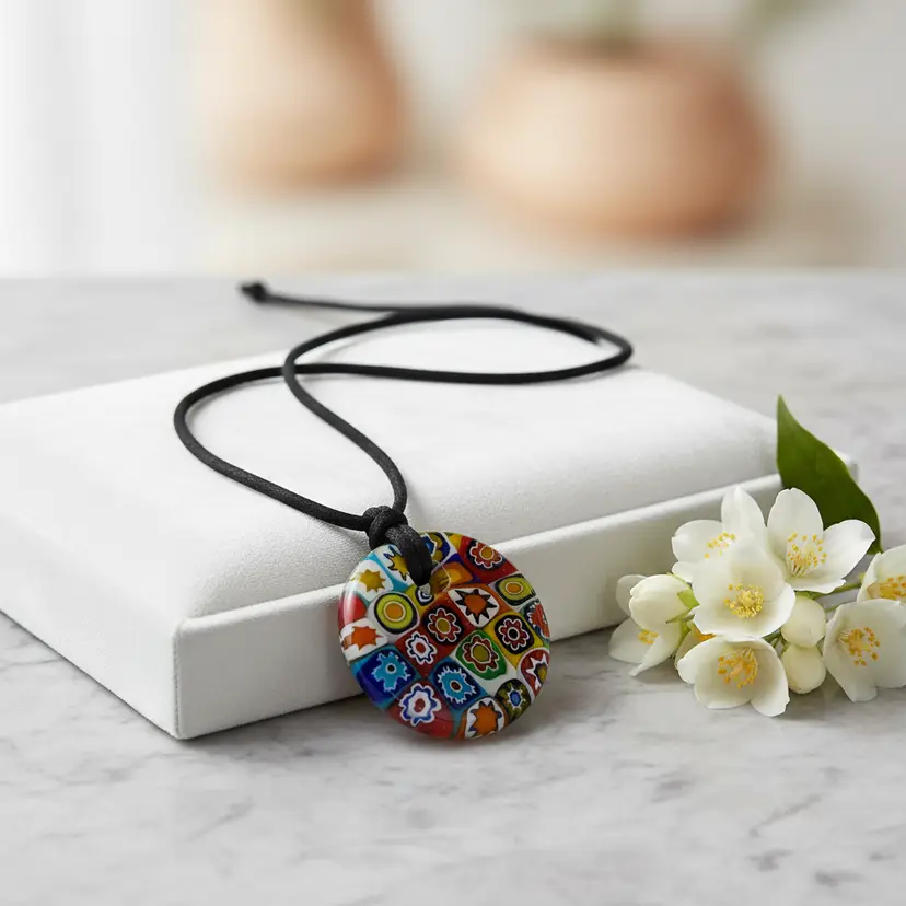 Millefiori Pendant On Rope Necklace, 1.5" Diameter