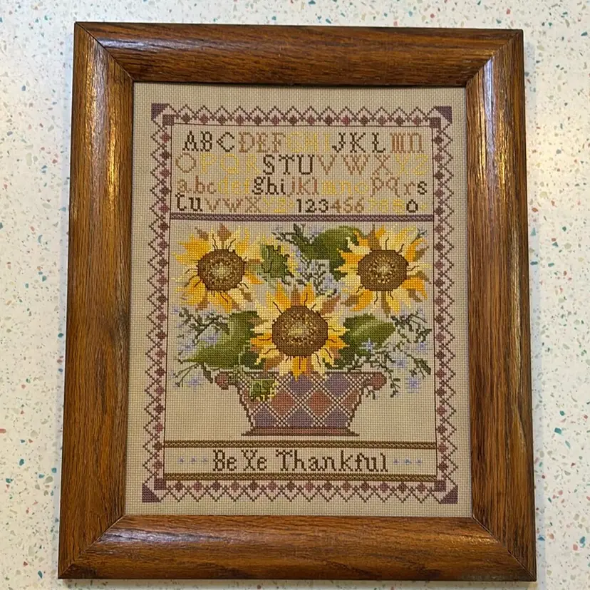 Sampler Cross-stitch Purples Mauves Sunflowers 10 1/2” X 13 1/3” In 17 1/2” X 14 1/3” Frame Made In 1997