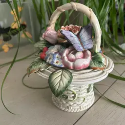 Vintage Fitz & Floyd Classic Floral Basket w Butterfly Lidded Sugar Bowl (mint)