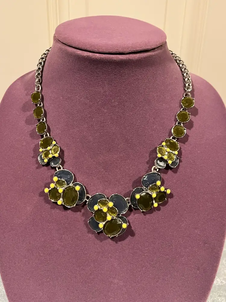 27. Talbots silver-tone green and blue acrylic cabochons flower statement necklace 21.5 Inch