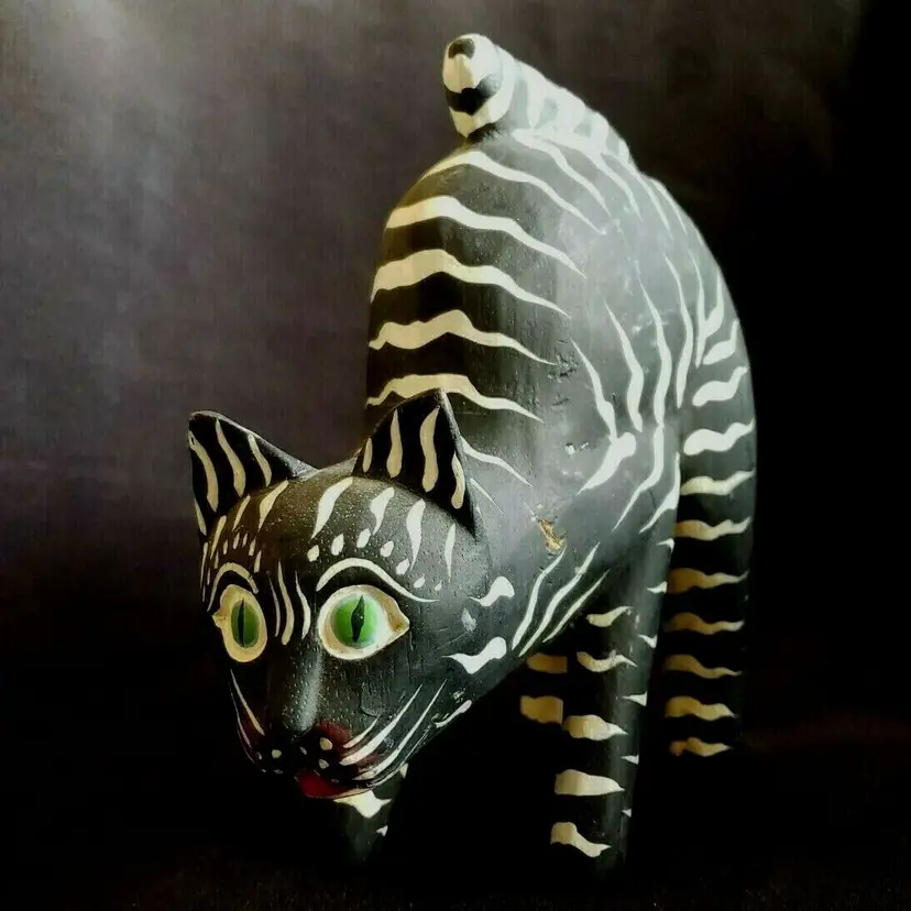 Cat Figurine Signed Wood Handcrafted & Handpainted 7½" Black & White Stripes