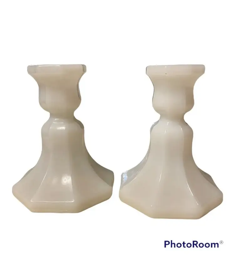 Vintage Milk Glass Taper Candle Holder Set 4.75” X 3.5” Mid Century modern MCM