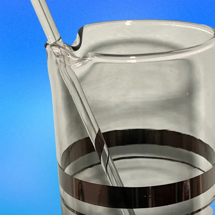 Vintage MCM Clear Glass Double Silver Stripe Accent Cocktail Pitcher  w Glass Stirrer Mad Men Style (‘50s era) (KK)