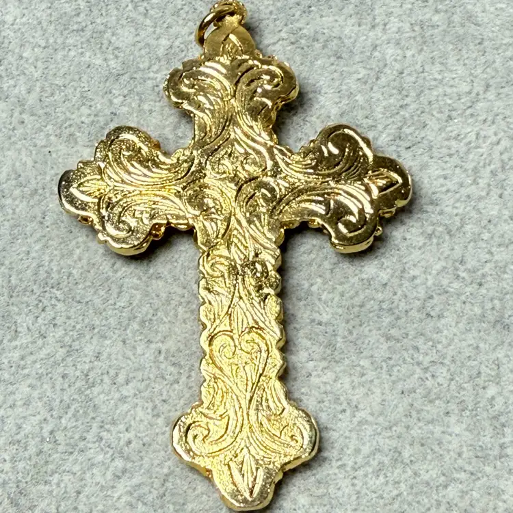 Vintage 3" Italy Micro Mosaic Cross Pendant Ornament Gold Tone Scrollwork Large