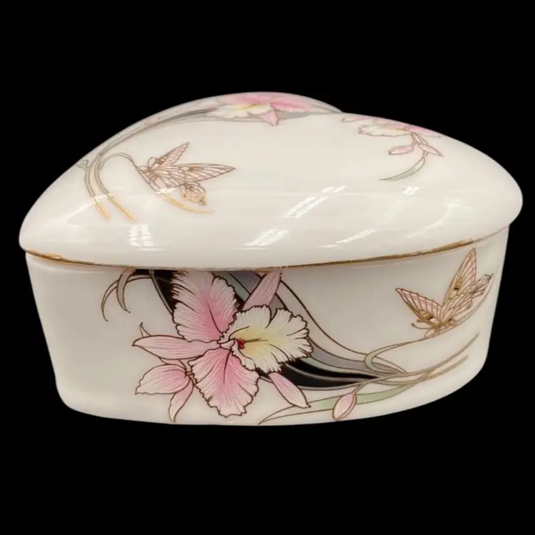 Vintage Art Nouveau-style Heart Trinket Box w/Butterflies, Orchids, Gold, Japan