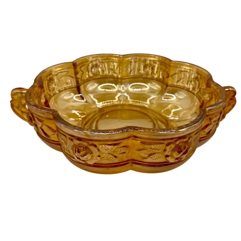 Jeannette Glass, Aztec Rose, Marigold Iridescent Glass, Two-Handled Footed Bowl