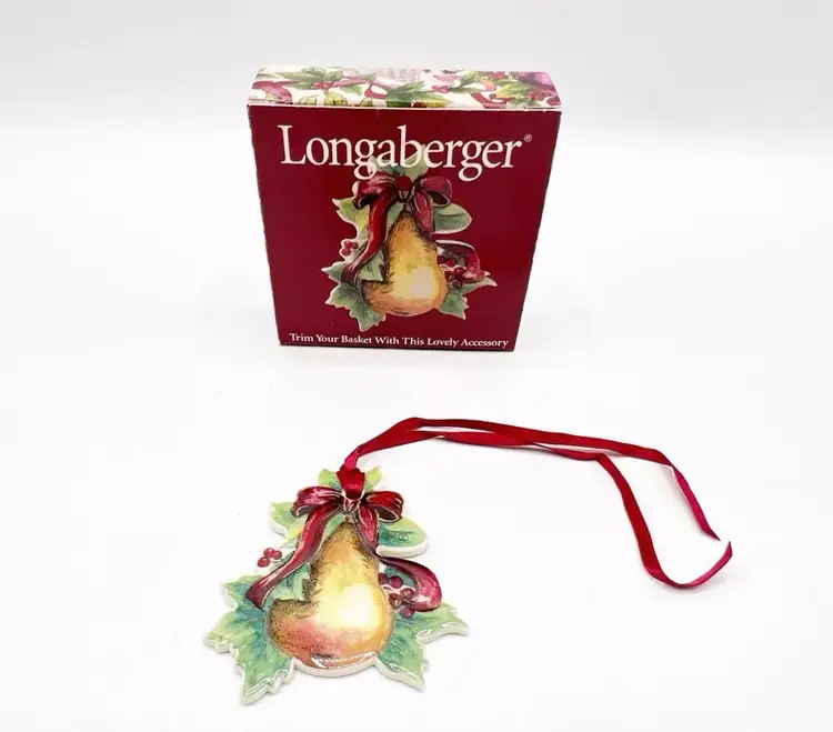 Longaberger Christmas Pear with Holly Berry Basket Tie-On 2000 Ceramic Boxed New