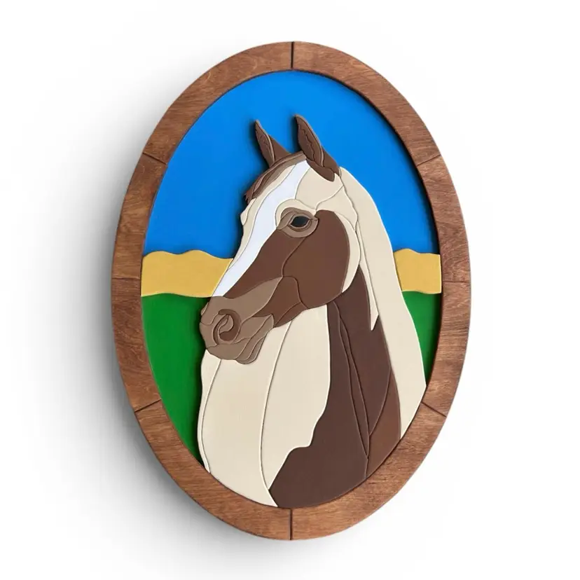 Handcrafted Oval Baltic Birch Wood Horse Wall Decor