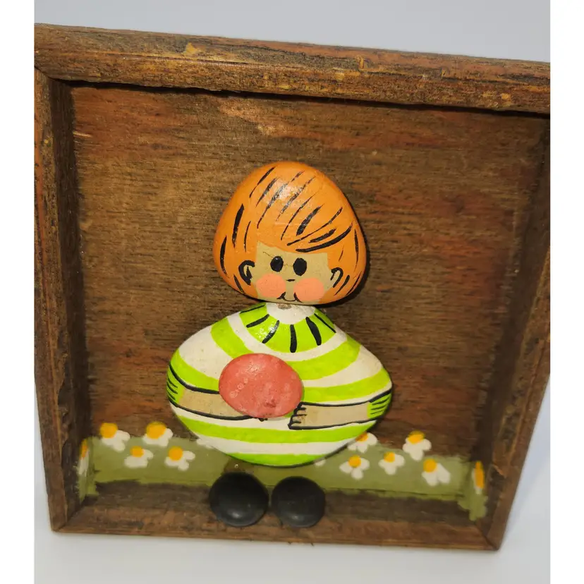 Ginger Kid Handpainted Rock Art  handmade in a wooden frame 5"x 5"