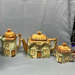 Keele St. Pottery Co. Cottage Teapot, Sugar And Creamer Hand painted England