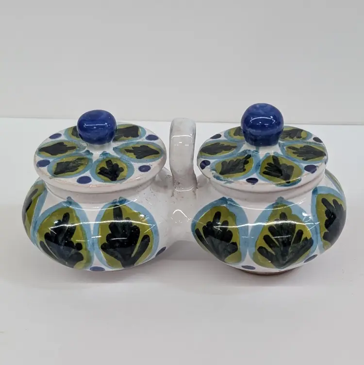 Vintage Ceramic Double Condiment Jars Lidded Blue & Green Hand Painted Design