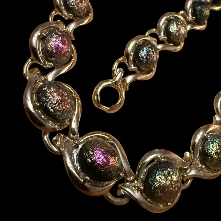 Vendome Iridescent Textured Glass Cabochon Necklace, Bracelet, Clip On Earring Set