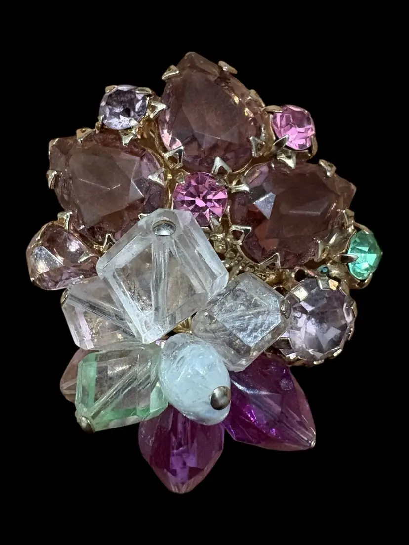 #01 111. Vintage Purple Glass, Uranium Glass, And Lucite Brooch