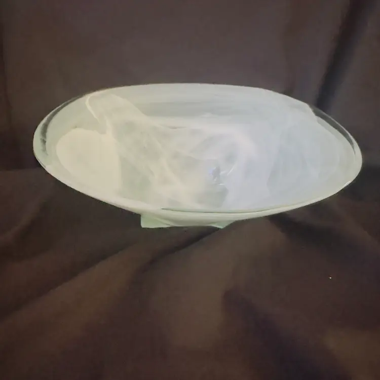 #1809 Pier 1, Imports, Aqua alabaster Recycled Glass, Square Bottom Base, Round Centerpiece Glass Bowl, white Swirl
