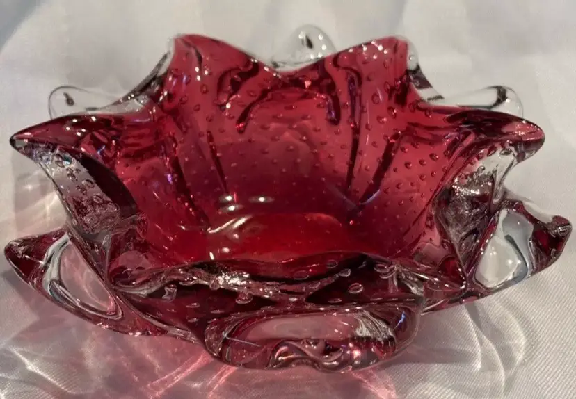 MCM Vintage Venetian Murano Cranberry Clear Double Flower Bullicante Punk Bowl 5”