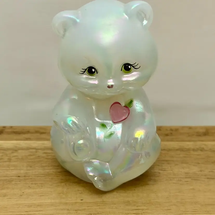 Fenton Hand Painted White Iridescent Pink Heart Bear