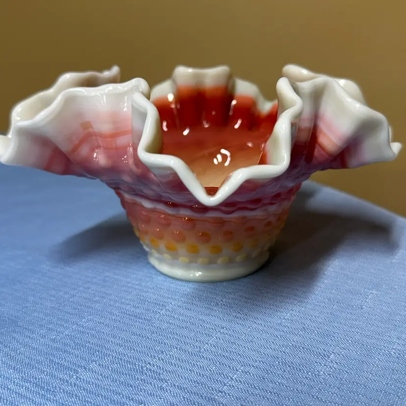 Orange Slag Hobnail Bowl Candy Dish - Ruffled Edge GLOWS 7”