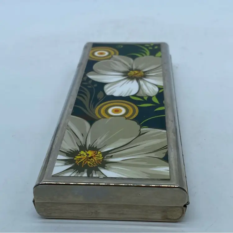 #1846 Decorative floral metal Storage box with hinged lid Great For Make Up Or Pencils 6” x 2.5”