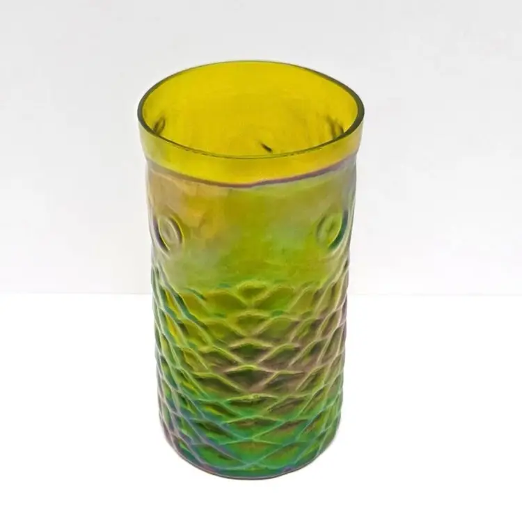 RARE John Cook Blown Glass Koi Fish Tumbler/Green-Yellow Iridescent Art Glass/Fish Scales/Fish Eyes/Collectible/Art Glass/Vase/Artist Signed
