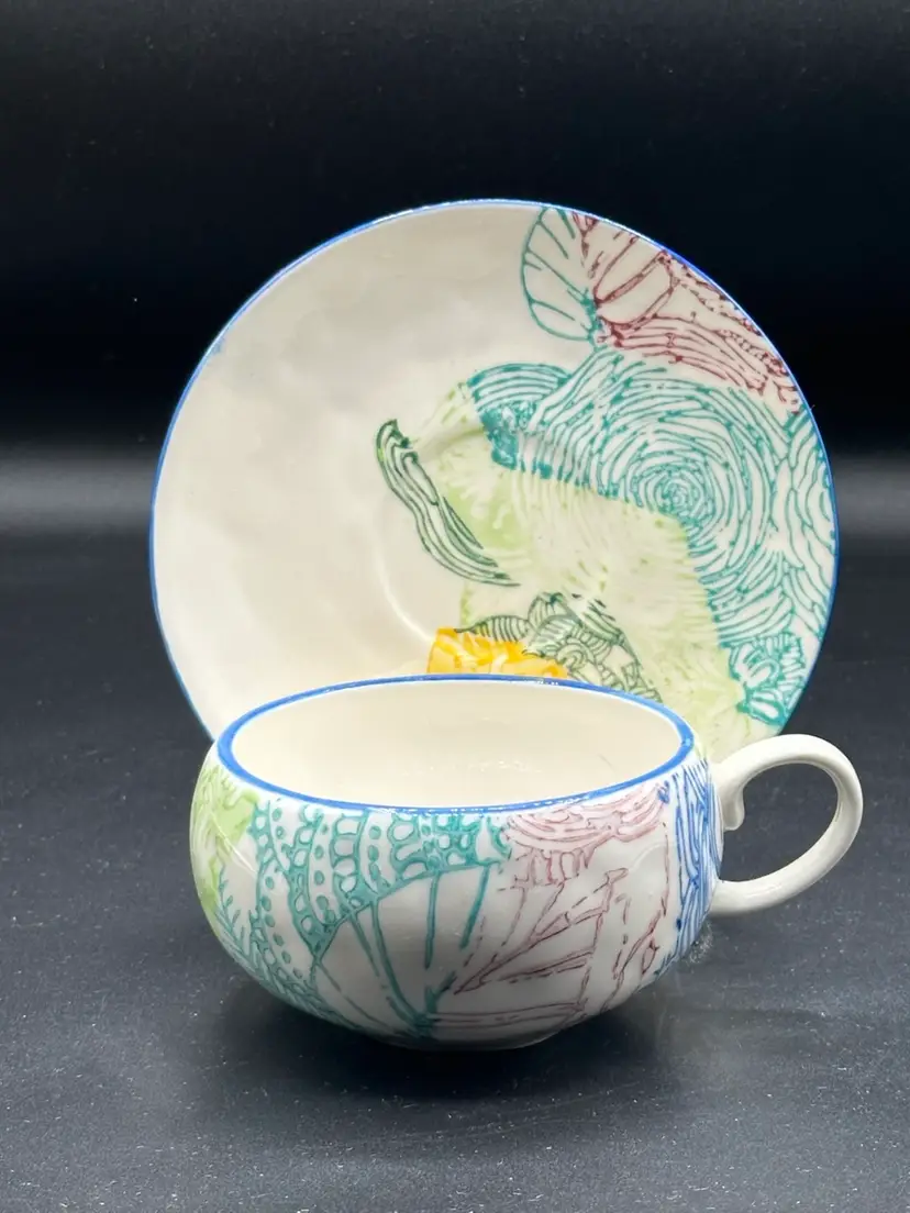 Anthropologie Cup Saucer Set RADIANT PETALS TEACUP  Plate Mug Blossoms 12 oz