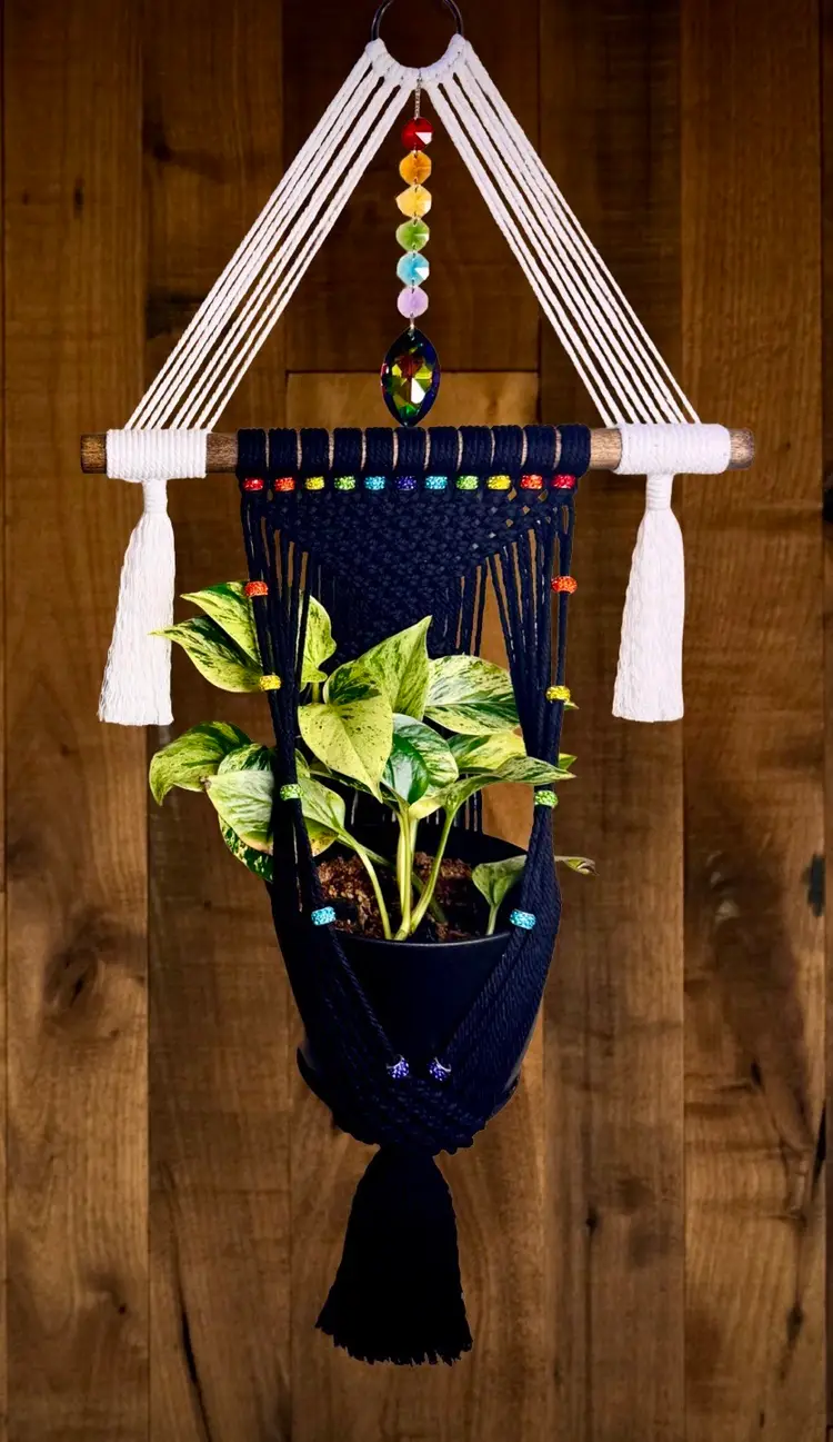 Handmade Macrame Plant Hanger with Beads - Wall Mounted