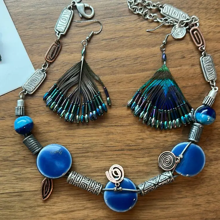 Lot Of 4 bohemian Necklace, Mosaic Bracelet, Peacock, Feather earrings, And turquoise Earrings