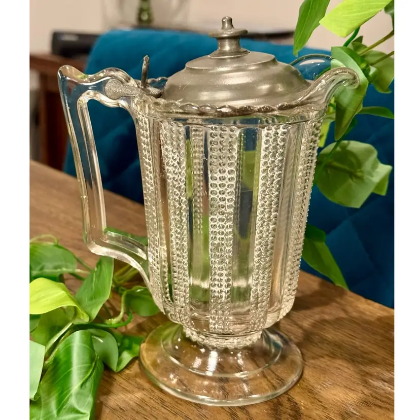 😻 GLOWS 6.5” antique glass pitcher, Early American Pressed Glass in the "Paneled Dewdrop" pattern by Campbell, Jones Co. & around 1880