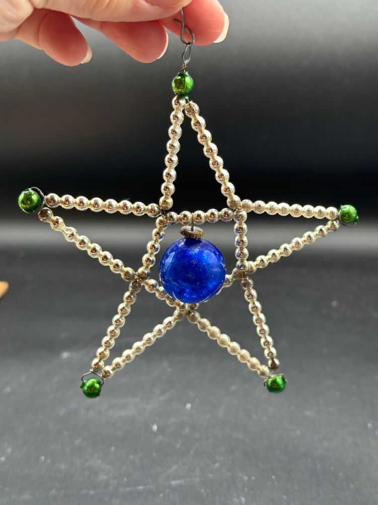 Vintage Mercury Glass Star Christmas Ornament 1970 1980 Victorian Style Czech Art Deco Bead Blue Silver Green