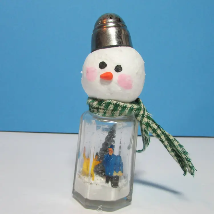 vintage crafted snowman winter scene upcycled salt shaker