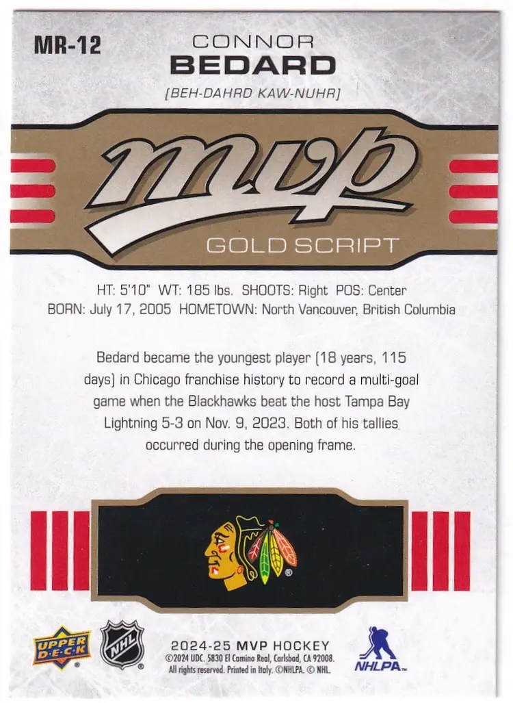 2024-25 Upper Deck MVP 10th Anniversary Gold Script #MR12 Connor Bedard Chicago Blackhawks Hockey Card