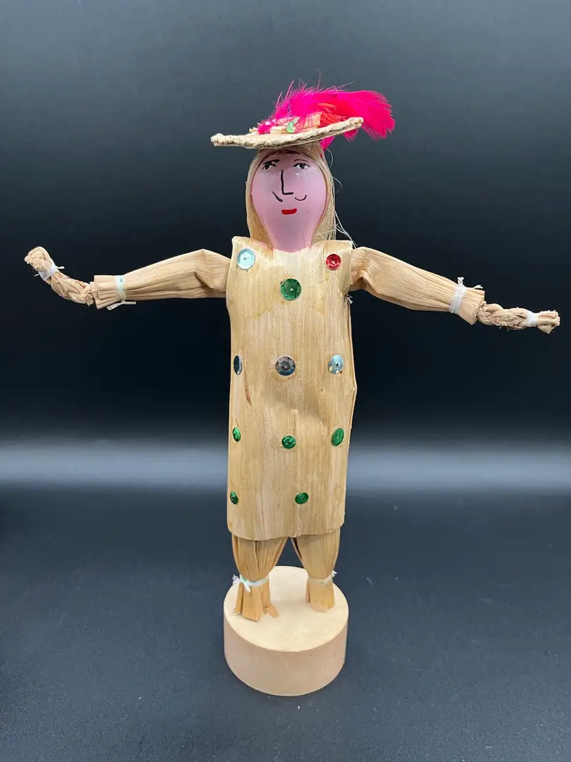 Mexican Folk Art Corn Husk Male Doll Figurine with Hat & Sequins 10.5”