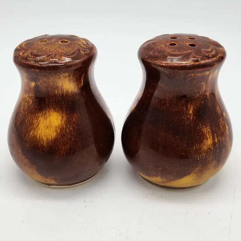 Vintage Ceramic Salt & Pepper Shakers Golden  Brown Glazed Finish Cottage Core Kitschy Kitchen