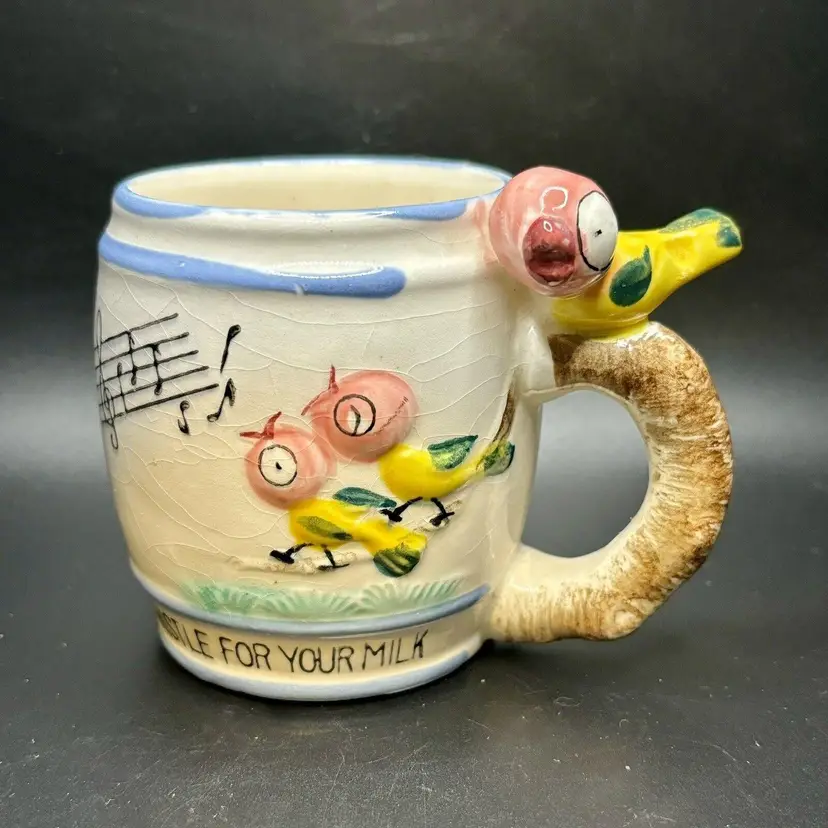 Vintage 1950’s Whistle For Your Milk Child Cup JAPAN Figural Bird Whistle on Handle