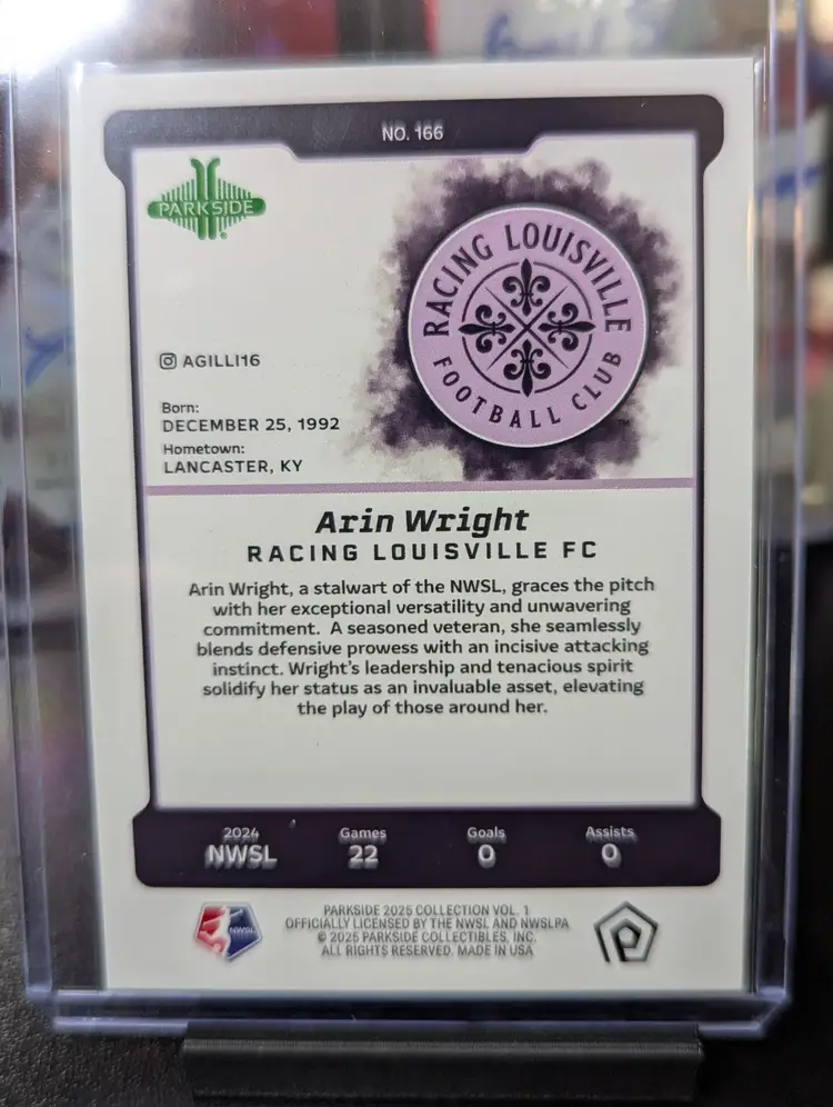 2025 Parkside NWSL Vol 1 Arin Wright Shimmer /100 Racing Louisville