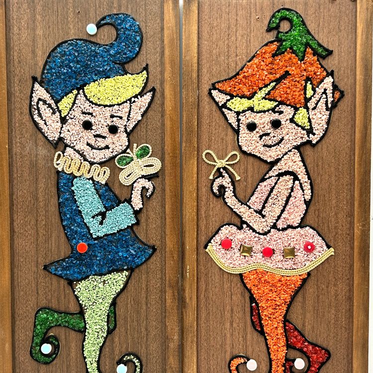 Pair of Pebble Art MCM Pixie Elf Vintage Wall Art