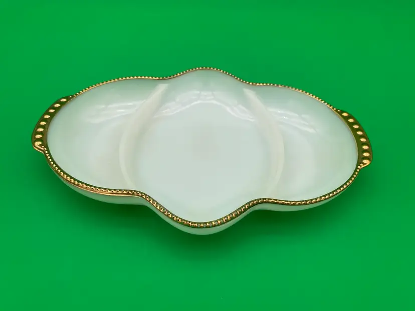 Fire King Gold-Rimmed Milk Glass 3-Way Divided Serving Dish - Vintage MCM
