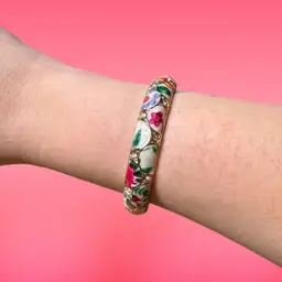 Vintage Gold Tone Enamel & Rhinestone Bangle Bracelet, Hinged, Floral Pattern