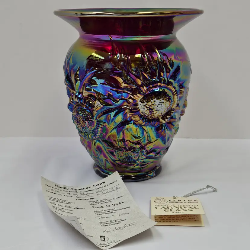 1993 Large Fenton Alpine Thistle Ruby Red Carnival Glass Vase #1050 Family Series