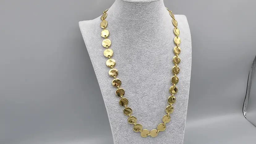 Vintage Designer Hammered 15mm Disc Coin Link Necklace Gold Tone Metal Statement Chain 25"