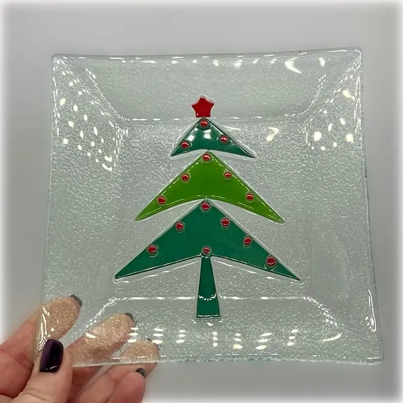 Fused Glass Holiday Plate Green Tree 5.75” | Tag