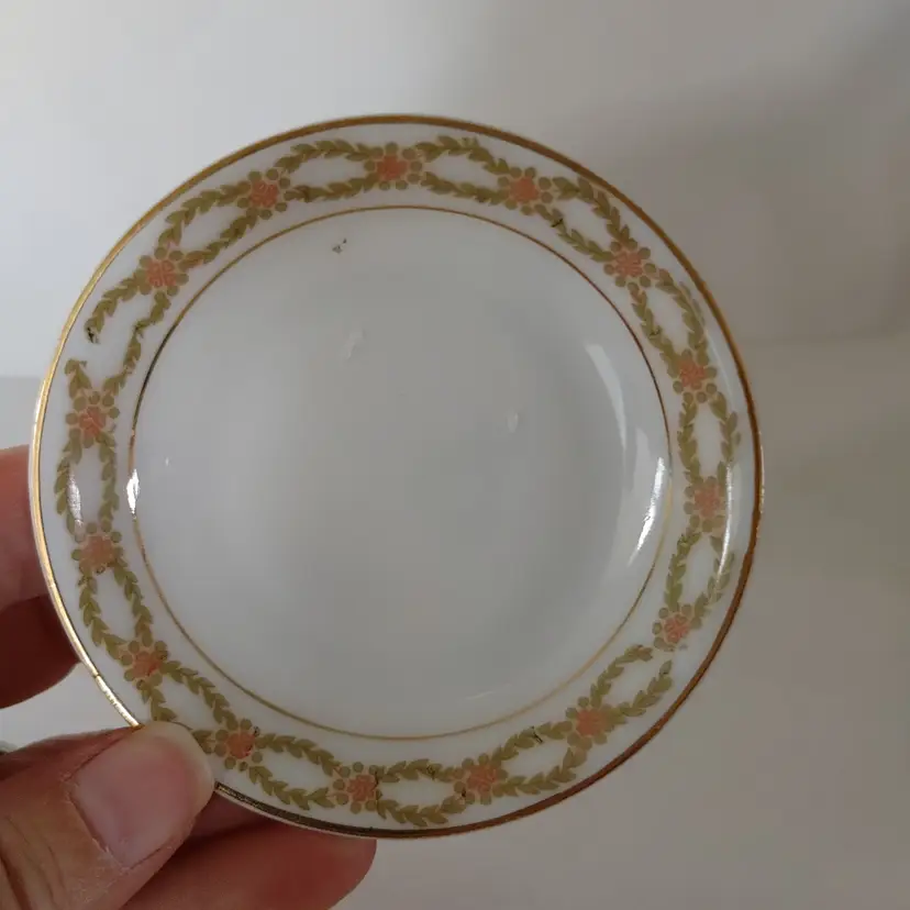 #10 - Butter pat. Porcelain from Vienna Austria. 3 inch diameter. Garland with vines and roses. Small flea bite, chip on back.
