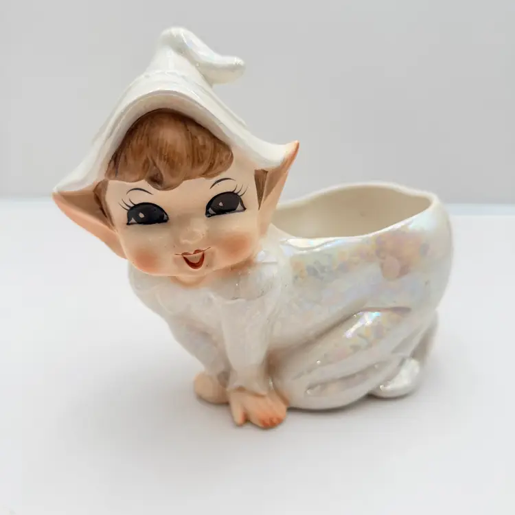 Lefton Vintage Iridescent White Ceramic Pixie Planter