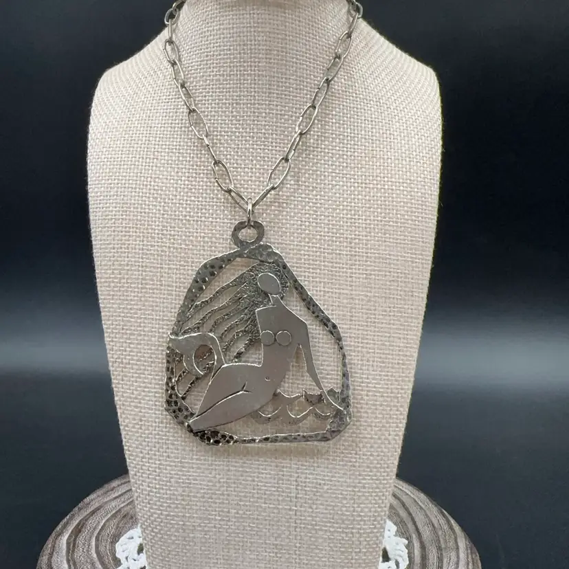 Contemporary Silvertone Necklace With A Mermaid