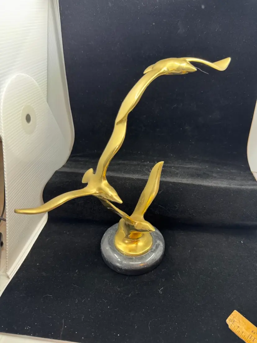 Vintage MCM Birds in Flight Brass Sculpture With Black Marble Base