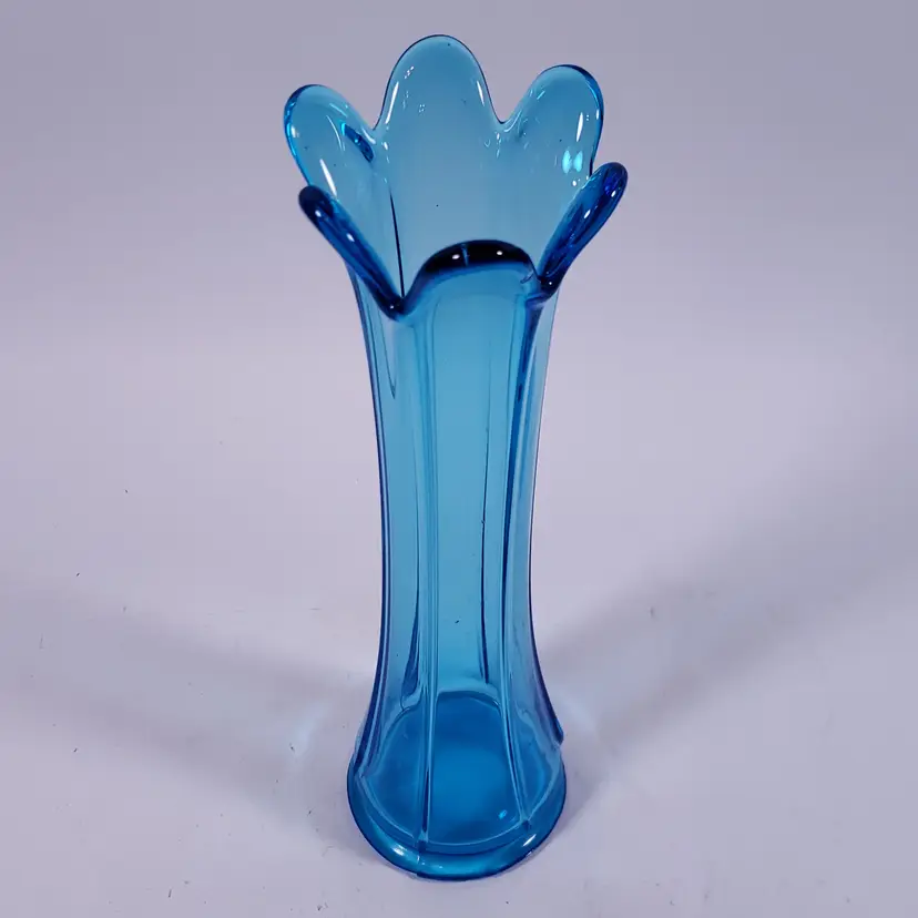 Vintage MCM Peacock Blue 6 Finger Paneled SWUNG GLASS BUD VASE
