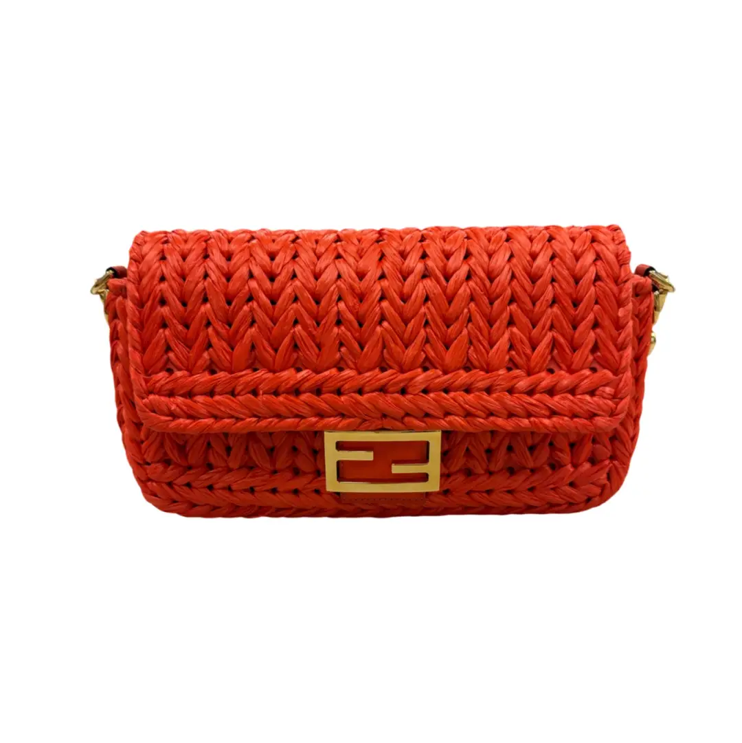 Fendi Raffia Orange Crochet Baguette