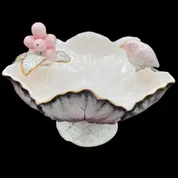 Vintage (1950s) Ucagco Pedestal Cabbage Bowl, Bird & Berries, Pink/Grey/Gold