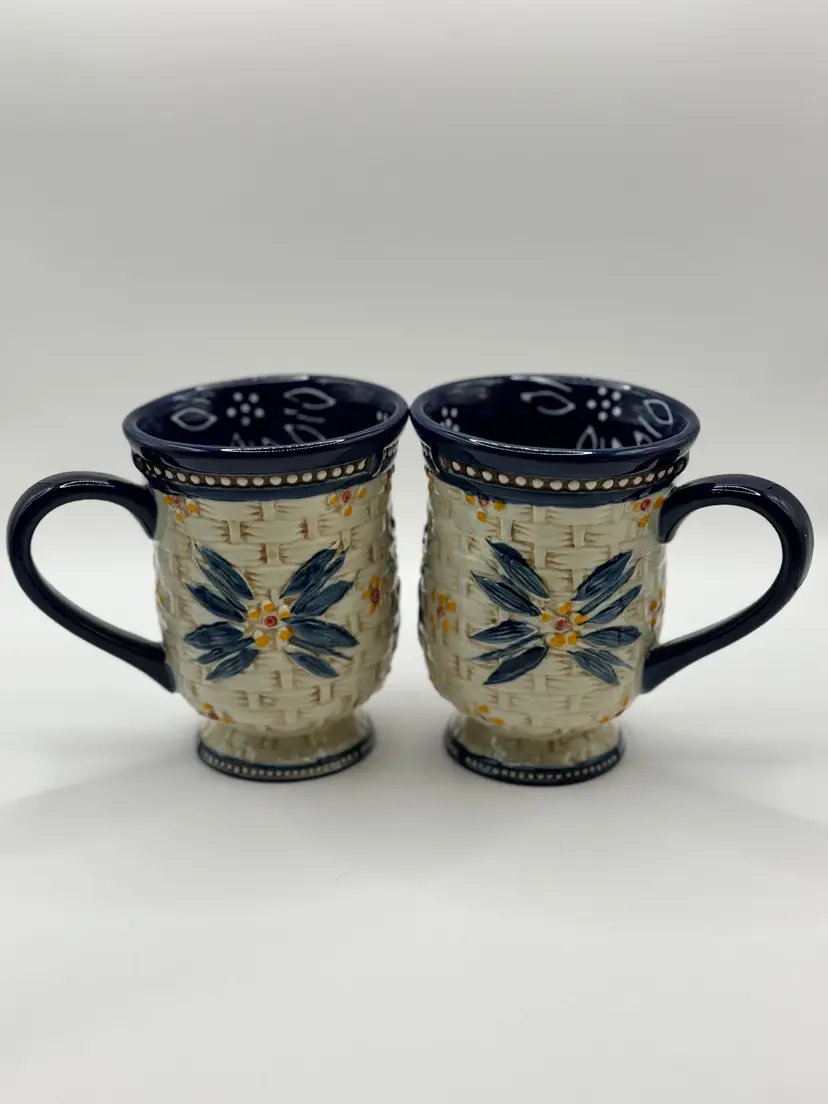 Vintage Old World Blue Floral Pattern Ceramic Mugs With Navy Blue Trim, Set Of 2, By Temp-tations, Made In China